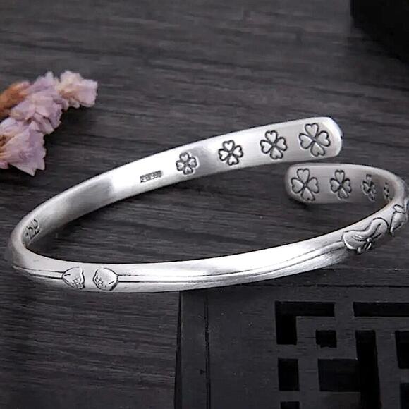 Sterling Silver Lotus Mantra Bangle Bracelet - Picture 4 of 9